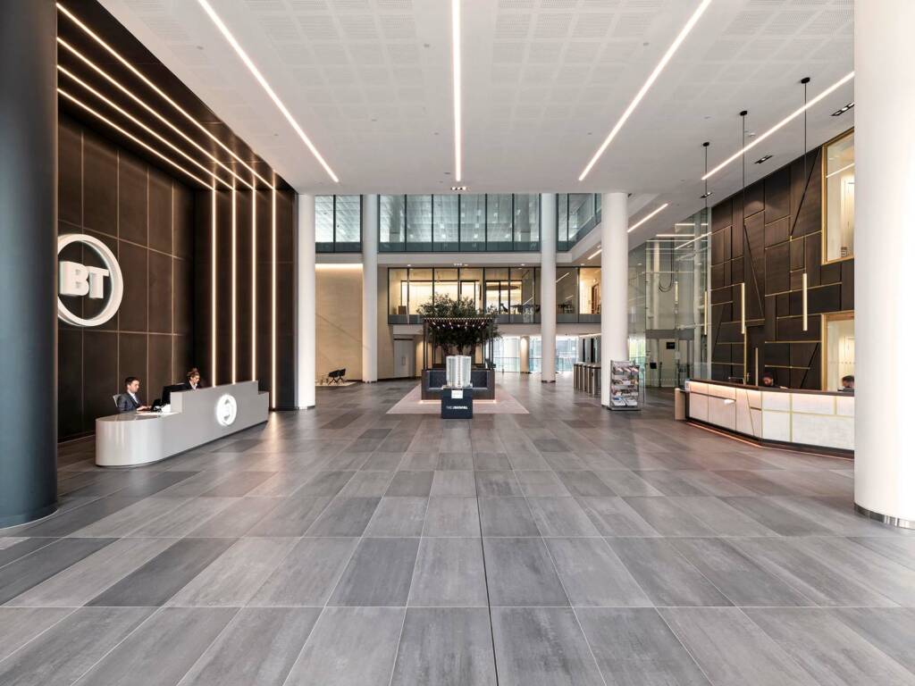 Modern commercial lobby with large-format tiled flooring